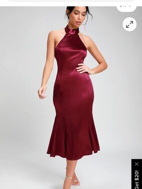 Lulu's Satin Halter Midi Dress in Burgundy